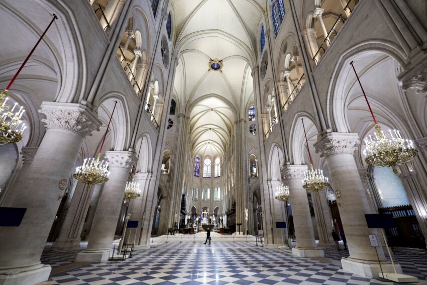 The restored interior of Notre-Dame Cathedral in Paris